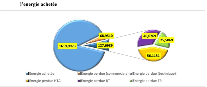 Figure 04: Representation des pertes par types et par catégories en GWh par rapport à  l’energie achetée 