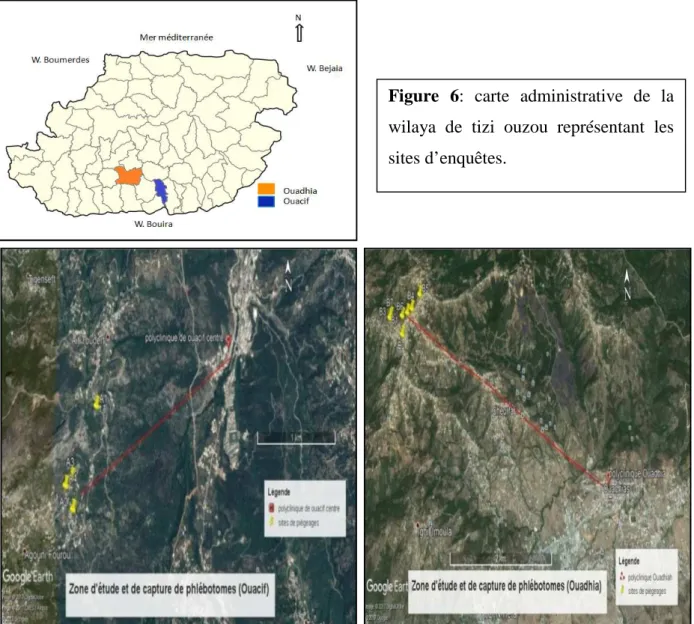 Figure 7: Répartition des sites de collecte d’échantillons (Phlébotomes et sérums) Vue par stellite (Google Earth, 2017).