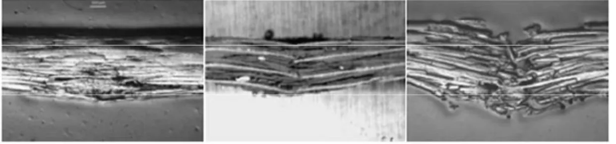 Figure II.16 : Micrographies de coupes de plaques impactées avec un impacteur de forme