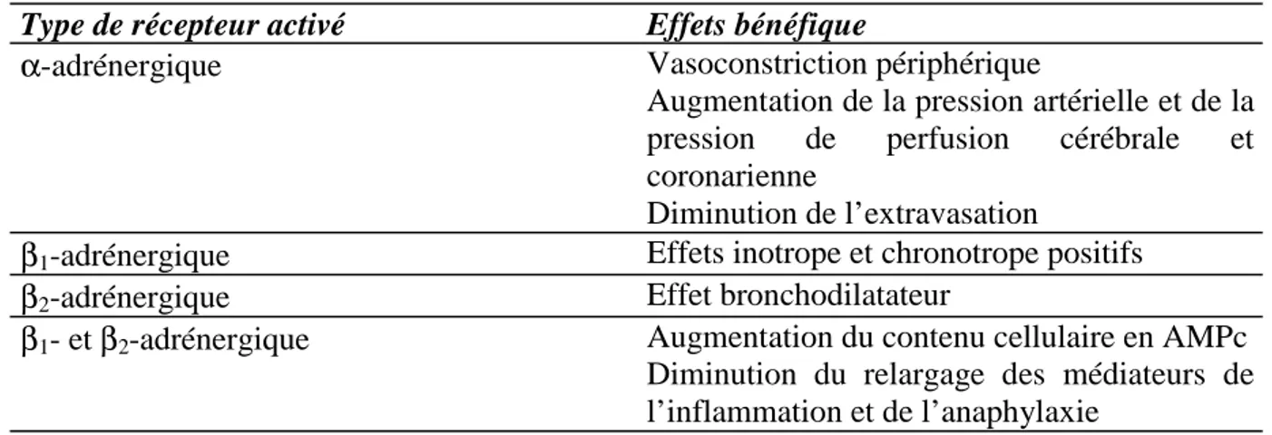 Tableau 2 : Intérêt de l’adrénaline dans le traitement du choc anaphylactique (d’après Brown  5 ) Type de récepteur activé Effets bénéfique
