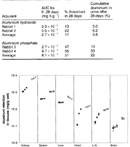Fig. 5 - Aluminium tissues concentration 28 days after administration  of  26 Al-labelled aluminium hydroxide adjuvant 