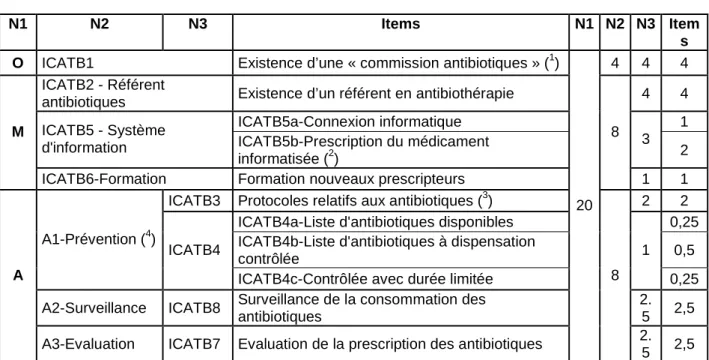 Tableau n°5 : Pondération des items d’ICATB par fon ctions et  sous-fonctions 