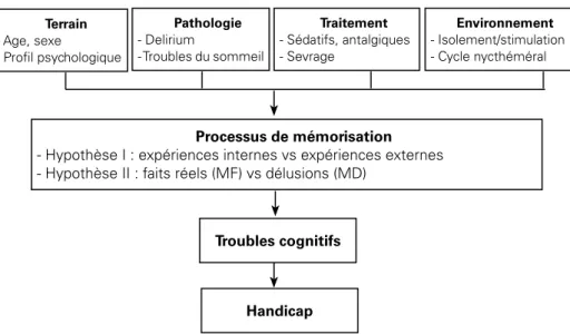 Figure 1 :  Mécanismes impliqués dans les troubles de la mémorisation liés à la  réanimation