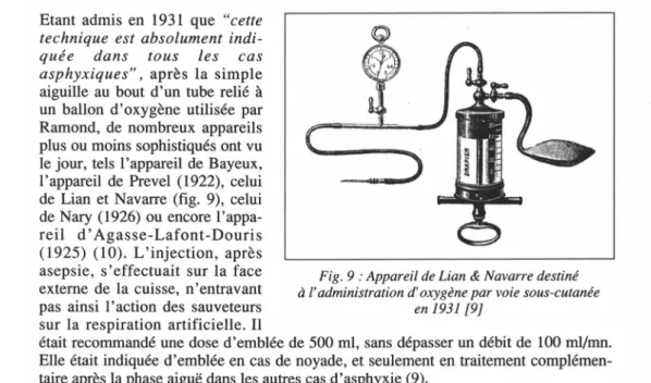 Fig. 9 : Appareil de Lian &amp; Navarre destiné  à l'administration d'oxygène par voie sous-cutanée 