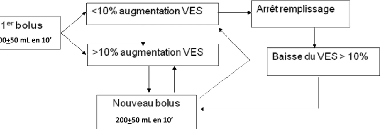 Figure 1 : Titration du remplissage guidée par le monitorage de la variation du volume d’éjection systolique  (VES)