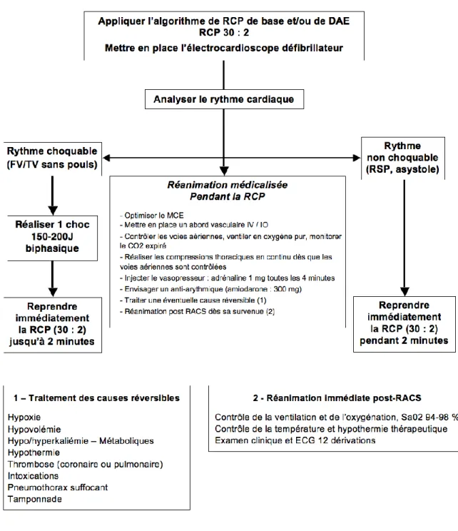 Figure  6  :  Algorithme  universel  de  la  réanimation  médicalisée.  Cet  algorithme  est  réalisé 
