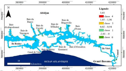 Figure 11 : Classe de pollution des sédiments en zinc dans la lagune Ebrié 
