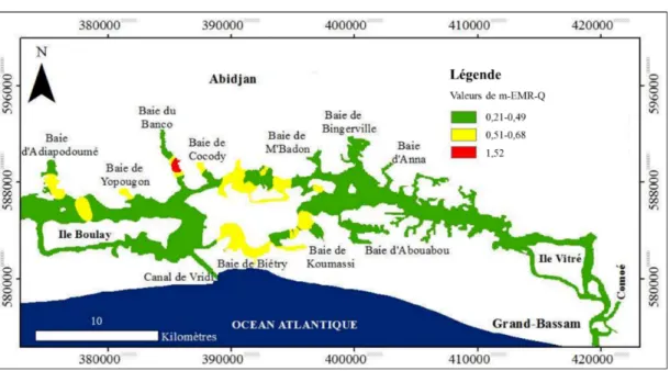 Figure 14 : Distribution spatiale des valeurs du quotient moyen dans la lagune Ebrié  DISCUSSION 