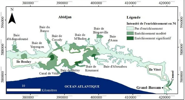 Figure 3 : Evolution spatiale de l’enrichissement en nickel des sédiments de la lagune Ebrié  Cuivre : la variation des valeurs de l’enrichissement se 