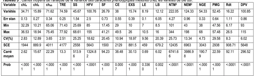 Tableau 4 : Valeurs moyennes des caractères phénotypiques du blé dur. 