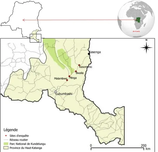 Figure 1: Localisation du Parc national de Kundelungu et des quatre villages retenus pour les enquêtes au sud-est  de la République Démocratique du Congo