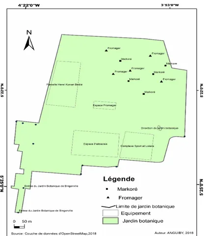 Figure 1 : Carte du Jardin Botanique de Bingerville présentant les points de collecte des sols et des racines  Source, ANGUIBY, 2018 