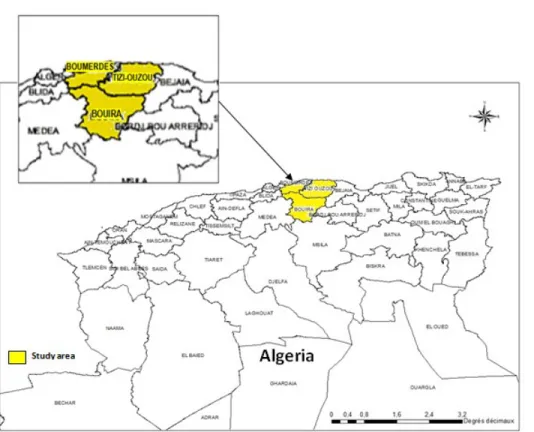 Figure 1: Geographical location of the study areas: Boumerdes, Tizi-Ouzou and Bouira 