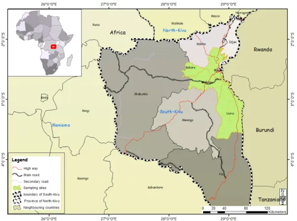Figure 1: La carte de la province du  Sud-Kivu montrant les zones d’étude   