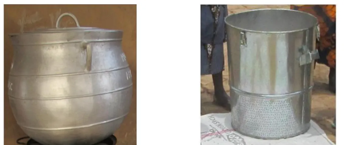 Figure  1 : Improved parboiling equipment devise of 40 kg composed of a pot (at left) and a steamed tank (at  right) 