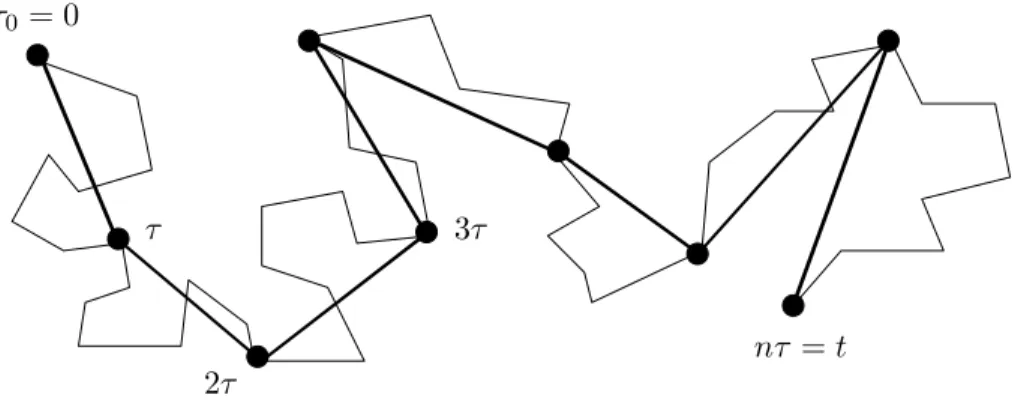 Fig. 1.1 – Trajectoire brownienne aux différentes échelles de temps. La particule brownienne subit beau-