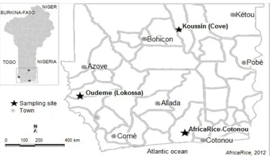 Figure 1. Rice basin in Southern and Central Benin.  Ouedeme  and  Koussin  sites  were  irrigated  lowland  ecosystem where rice is essentially cultivated