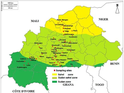 Fig 1. Sites of collection of leaf samples of Bambara groundnut in 2015 in Burkina Faso  Isolation of fungi associated with infected leaves of 
