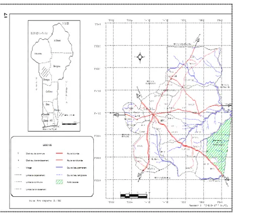 Figure 1 : Carte administrative du Bénin montrant la localisation géographique de la commune de Djougou (Source :  Fond topographie IGN, 1992) 