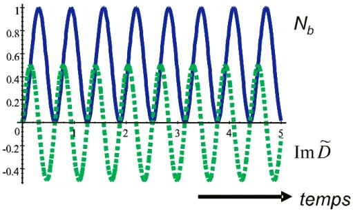 Fig. 2.1: Évolution de la population N b et du dipôle atomique en l'absence de relaxation Re e D = d δΩ R Ω 2 R + δ 2 (1 − cos Ωt) Im e D = d Ω R Ω sin Ωt