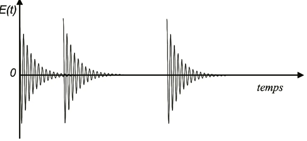 Fig. 2.4: allure du champ émis par une source stationnaire émettant des trains d'ondes amortis à des instants aléatoires