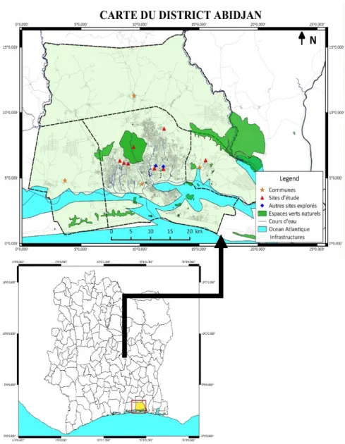 Figure 1: Localisation géographique de la zone d’étude  Les  espaces  verts  publics  sont  des  lieux  aménagés  qu’on  rencontre  au  bas  des  échangeurs  des  ponts  ou  aux  ronds-points  des  grandes  voies  dans  le  district  d’Abidjan