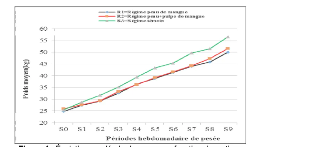 Figure 1 : Évolution pondérale des porcs en fonction des rations  Variation  des  GMQ,  des  IC  et  du  CAPkgV  des 