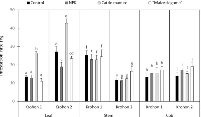 Fig. 3. Infestation rates of leaves, stems and corn cobs calculated per treatment for both sites