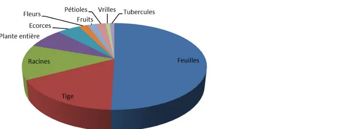 Figure 6 : Spectre de répartition des organes des adventices utilisés dans différents domaines chez les communautés  riveraines de la forêt classée de Sanaimbo 