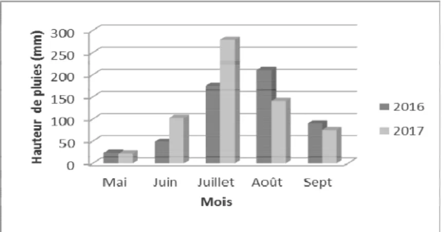 Figure 1 : Répartition des cumuls mensuels des hauteurs  des pluies enregistrées au CERRA de Maradi en 2016 et 2017  Collecte  des  données :  Les  données  relatives  à 