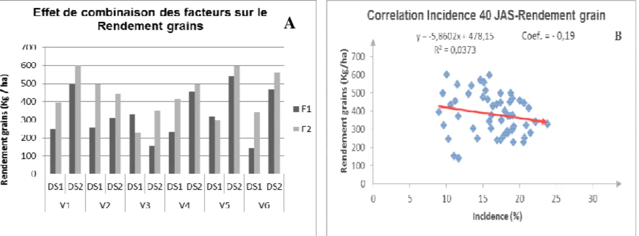 Figure 3 : Effet de combinaisons des facteurs sur le rendement grain (A) ; Corrélation entre l’incidence  des foreurs et  le rendement grain (B) 