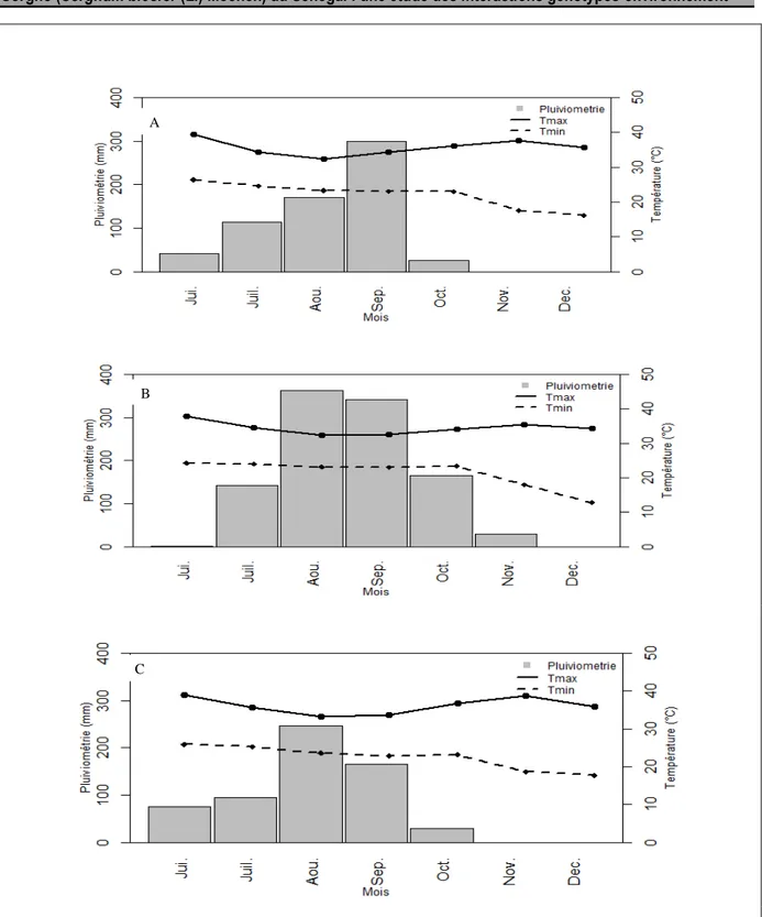 Figure 1: Pluviométrie et températures minimale et maximale des zones d’étude Bambey 2013 (A) et Sinthiou Malem  2013 (B), 2014 (C)