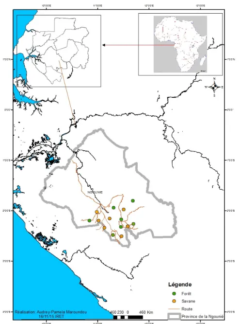 Figure 1 : Localisation de la zone d’étude et des sites de captures des glossines  