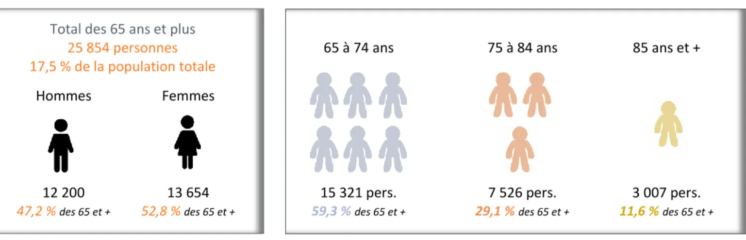 Figure 1 – Répartition de la population âgée de 65 ans et plus selon le groupe d’âge et le sexe, Abitibi-Témiscamingue, 2016 
