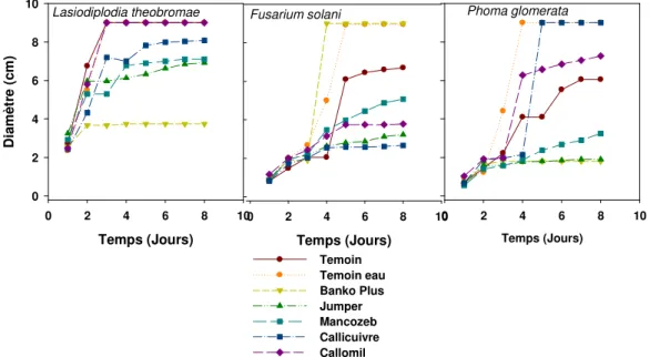 Fig.  4:  Expansion  des  colonies  de  L.  theobromae,  F.  solani  et  de  P.  glomerata  en  croissance  sur  du  PDA  après  aspersion de suspension de fongicides 