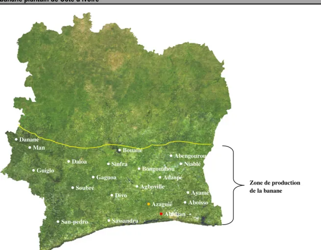 Figure 1 : Les différentes zones de prospection et de collecte des variétés locales de bananier plantain en Côte  d’Ivoire