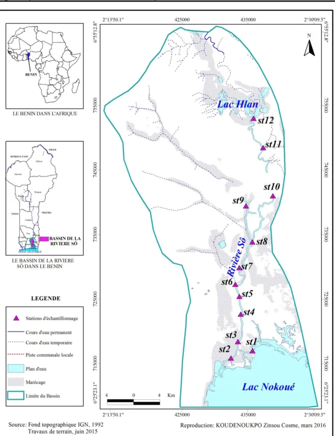 Figure 1 : Carte du bassin de la rivière Sô et des stations d’échantillonnage. 