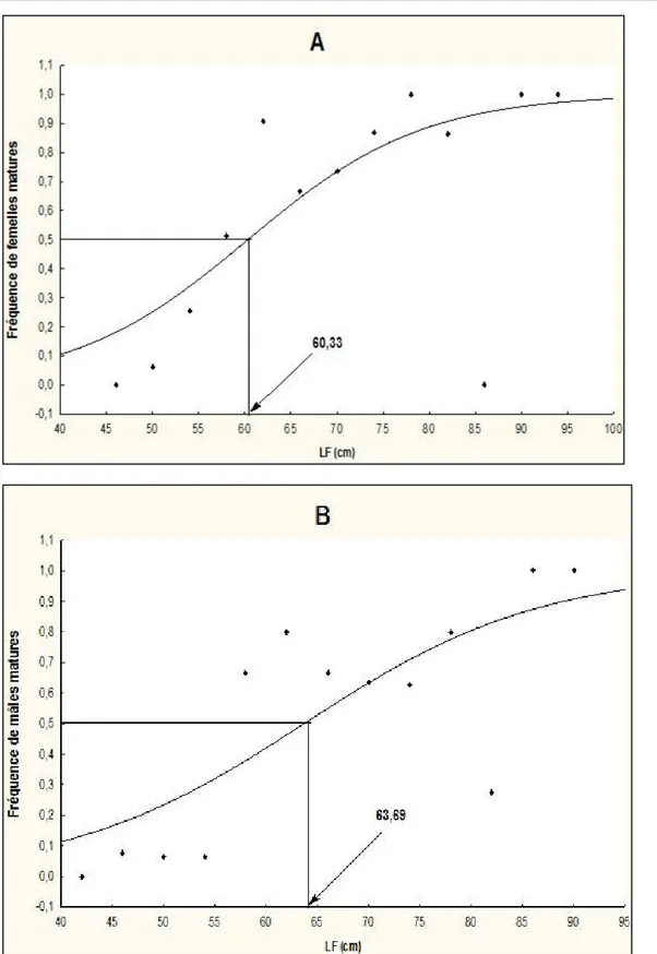 Figure 4: Évolution de la taille de première maturité sexuelle (LF 50 ) en fonction de la longueur à la fourche (LF) des 