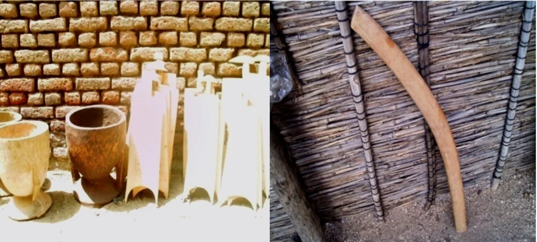 Figure 6 : Mortiers et tablettes coraniques (a) ; « Soforok» ou gourdin (b) faits à base du bois de B