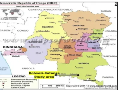 Figure 1. Localisation de la ville de Kolwezi dans l’ancienne province du Katanga, République Démocratique du  Congo (Source : Atibu, 2013) 