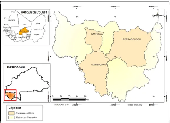 Figure 1: Carte de la Zone d’étude dans la Région des Cascades, au Burkina Faso  Animaux et conduite des troupeaux : L’étude a porté 