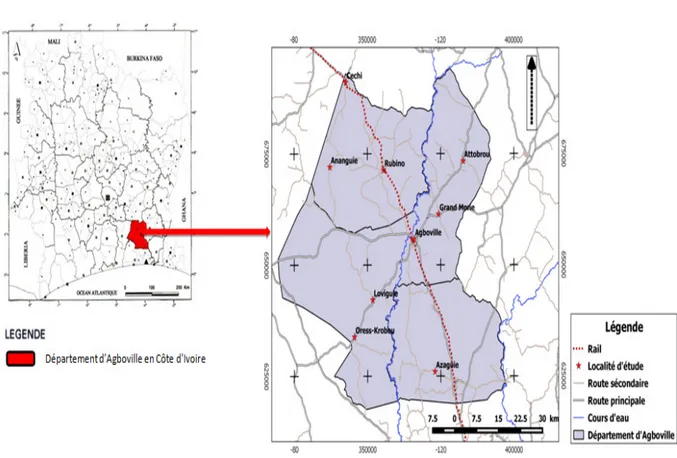 Figure 1 : Situation géographique et administrative du département d’Agboville  MÉTHODES 