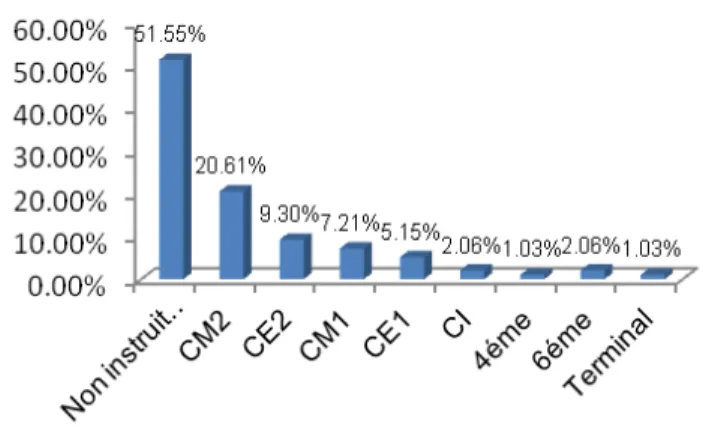 Figure 3 : scolarisation des pêcheurs enquêtés  En  ce  qui  concerne  l’exploitation  des  huîtres  dans  la  mangrove,  toutes  les  femmes  transformatrices  interrogées  ne  sont  pas  instruites  en  français  mais  en  arabe.L’analyse de la figure 4 