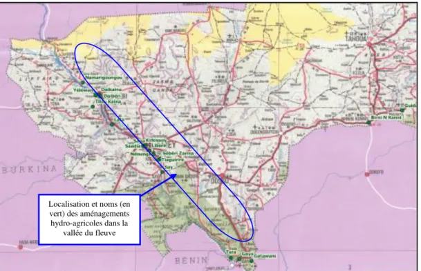 Figure 2 : localisation des aménagements hydro-agricoles dans la vallée du fleuve  Source : République du Niger, 2011 
