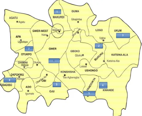 Figure 1:  Map of Benue State showing local government areas visited for virus disease symptom assessment on field- field-grown pumpkin plants during survey