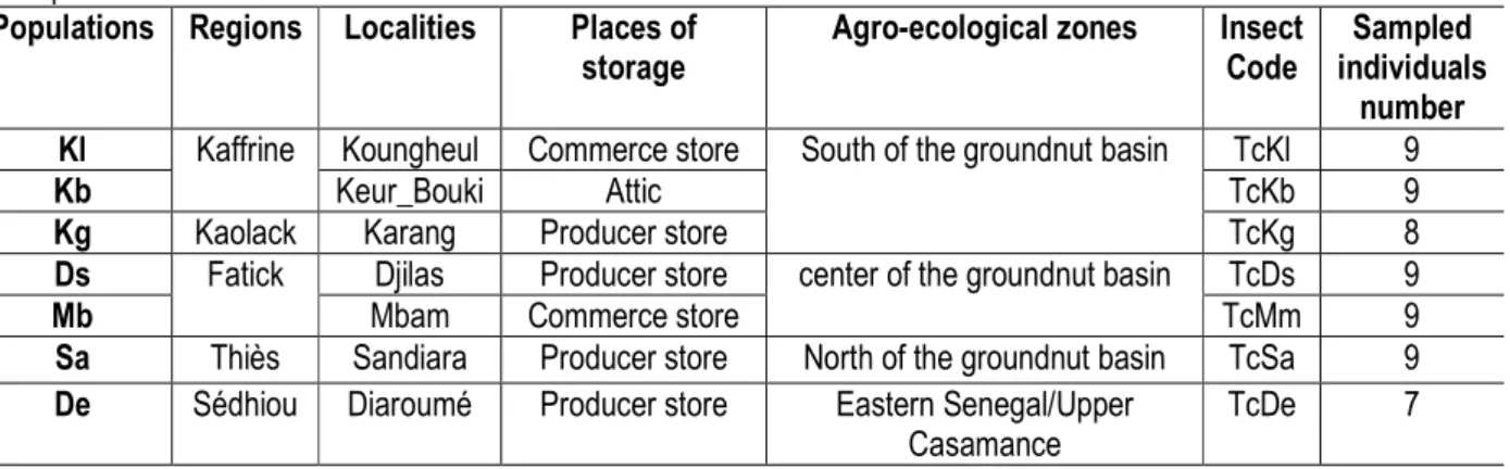 Table  1:  Number  of  individuals,  each  individual  code  ,  localities,  agro-ecological  zones  and  places  of  storage  of  sampled individuals 