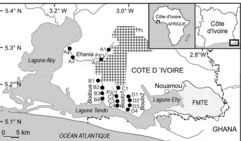 Figure 1 : Sites d’échantillonnage des quatre rivières du Sud-est. ○ : Sites de déversement des effluents de palmier à  huile