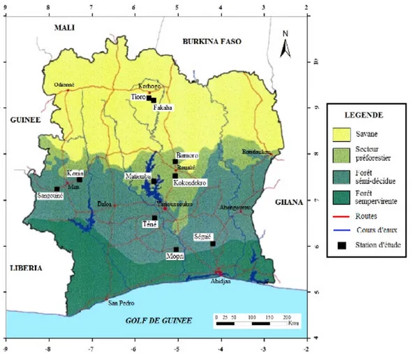 Figure 1 : Situation phytogéographique de la Côte d’Ivoire et localisation des principales station d’étude sur le Teck  en Côte d’Ivoire (Carte, Voui Bi, 2015) 