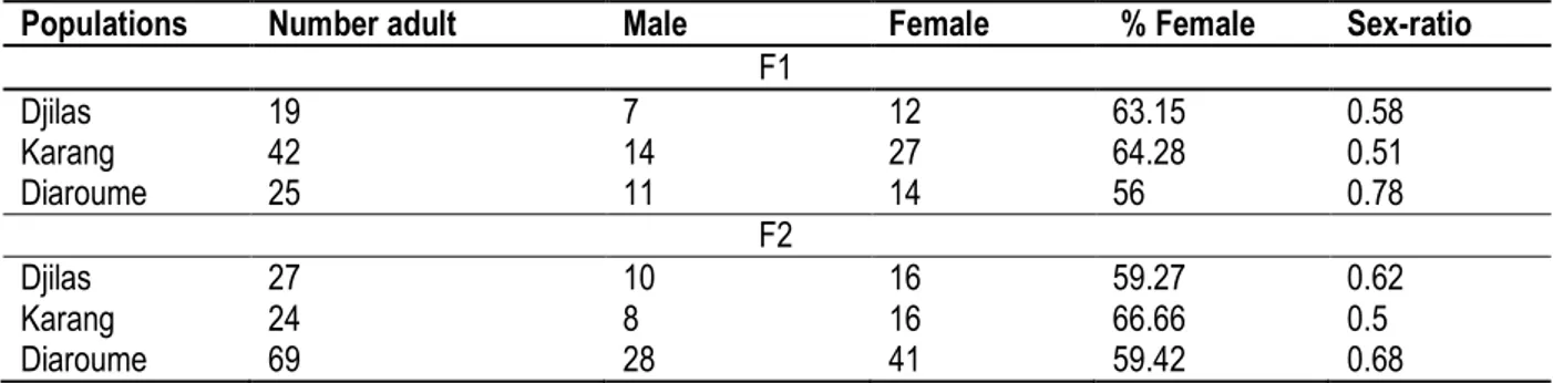 Table  9:  Emergence  of  adults  and  sex-ratio  (R)  of  two  generations  F1  and  F2  of  T