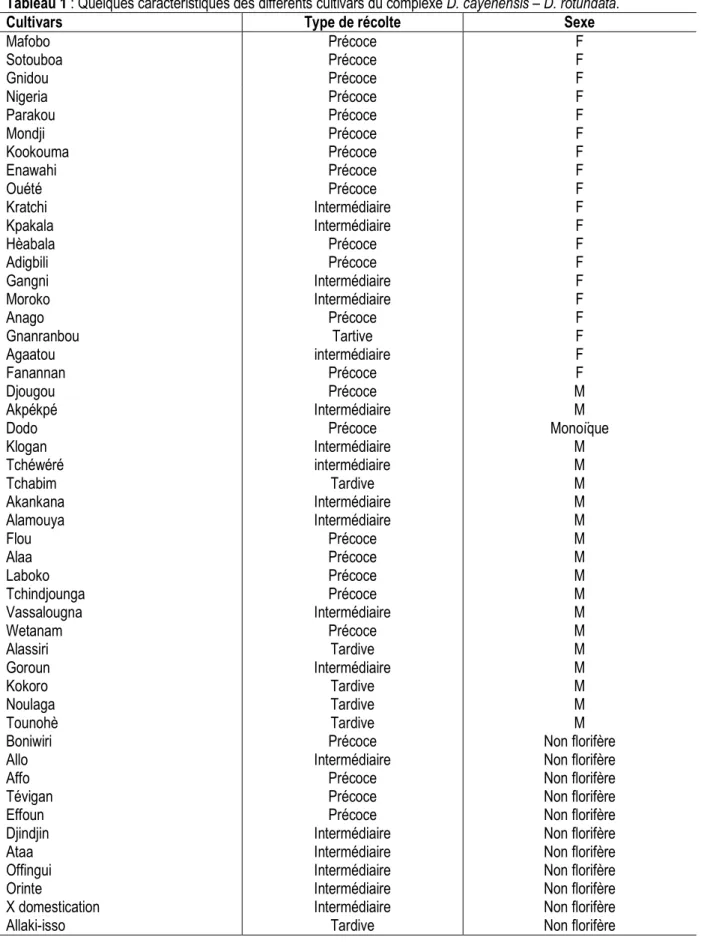 Tableau 1 : Quelques caractéristiques des différents cultivars du complexe D. cayenensis – D